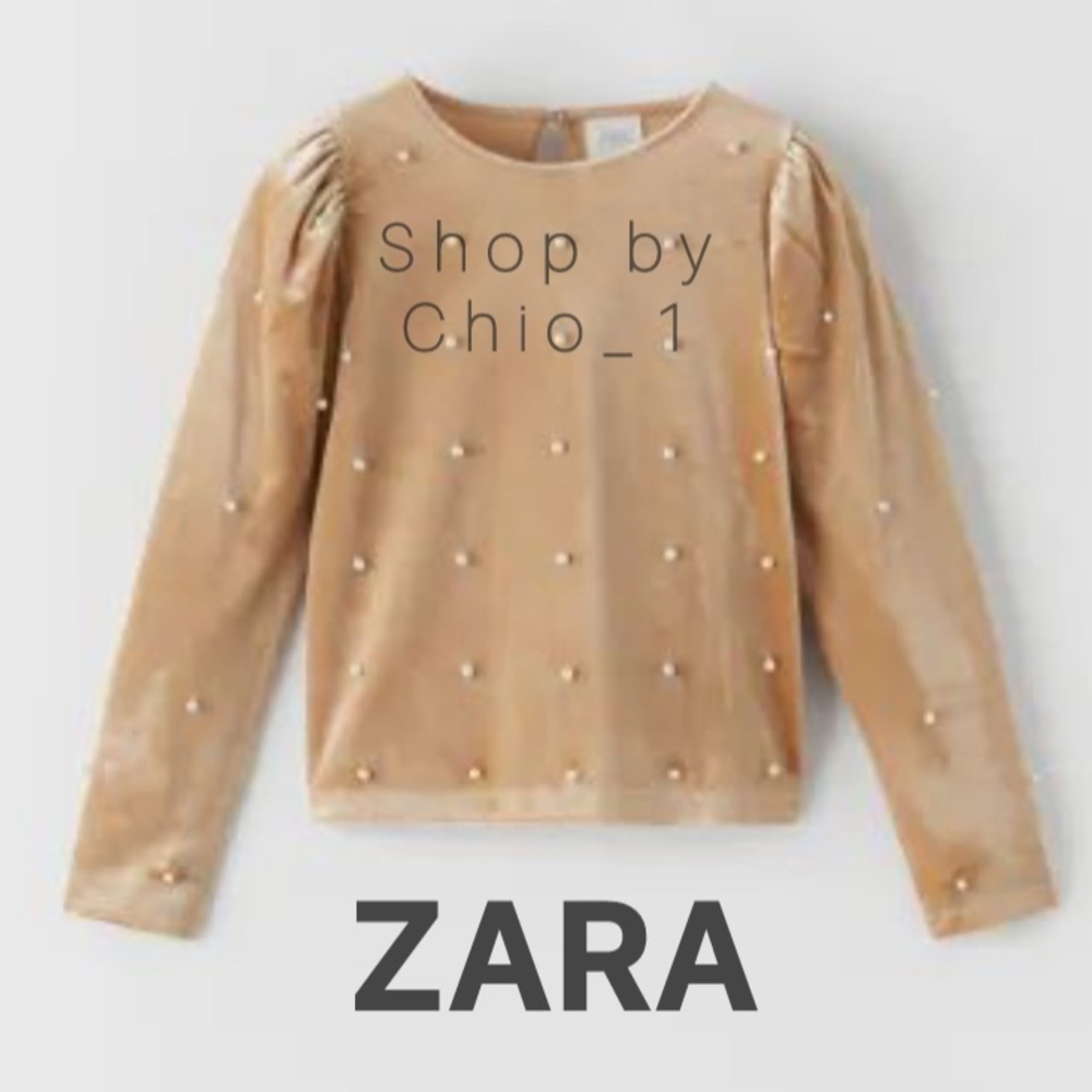 Zara beige Velvet T-shirt with pearls